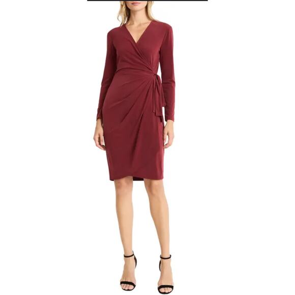 Maggy London Matte Jersey Long Sleeve Wrap Dress in Rust Brown. Size 2 - Picture 1 of 5